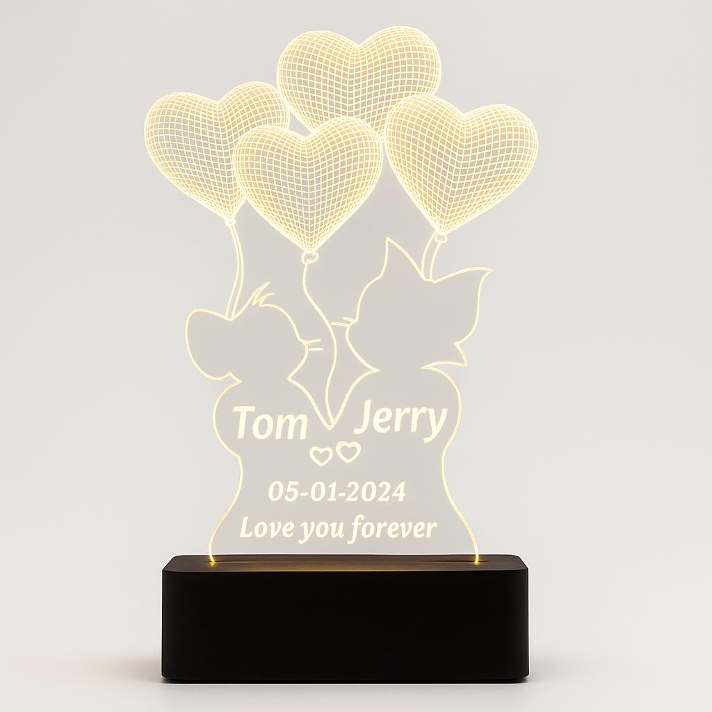 Personalized LED Night Lamp, Heart Shape 3D Illusion Table Light with Wooden Base, Customizable Names and Date, Warm White Light for Anniversary, Wedding, Valentine's Day
