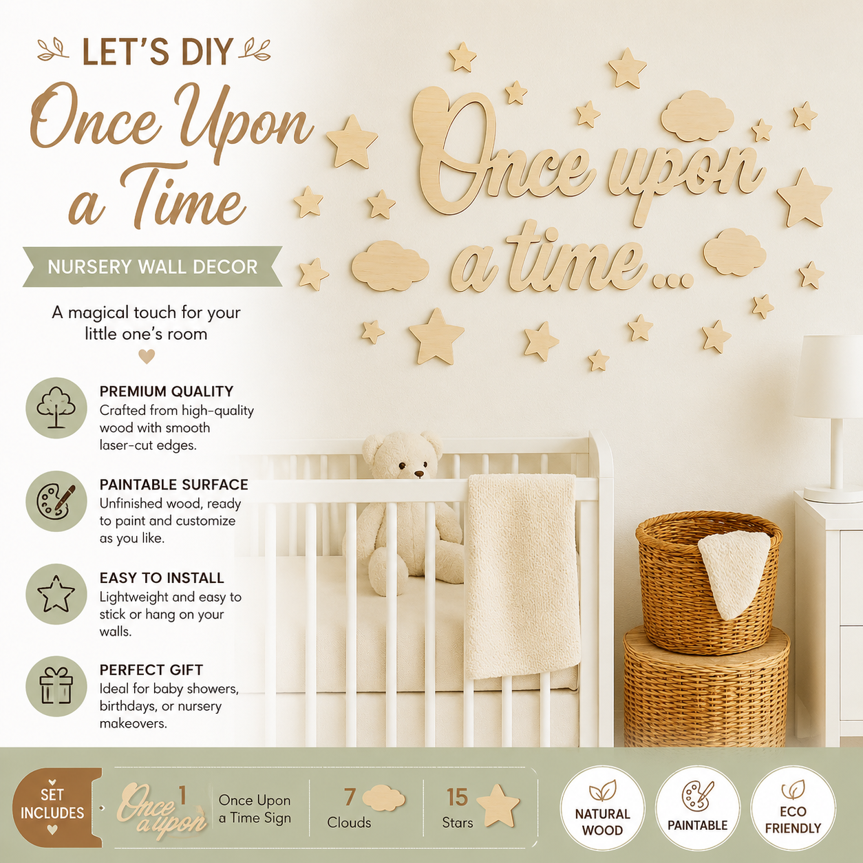 Once Upon a Time Nursery Wall Decor | Paintable Wooden Wall Art