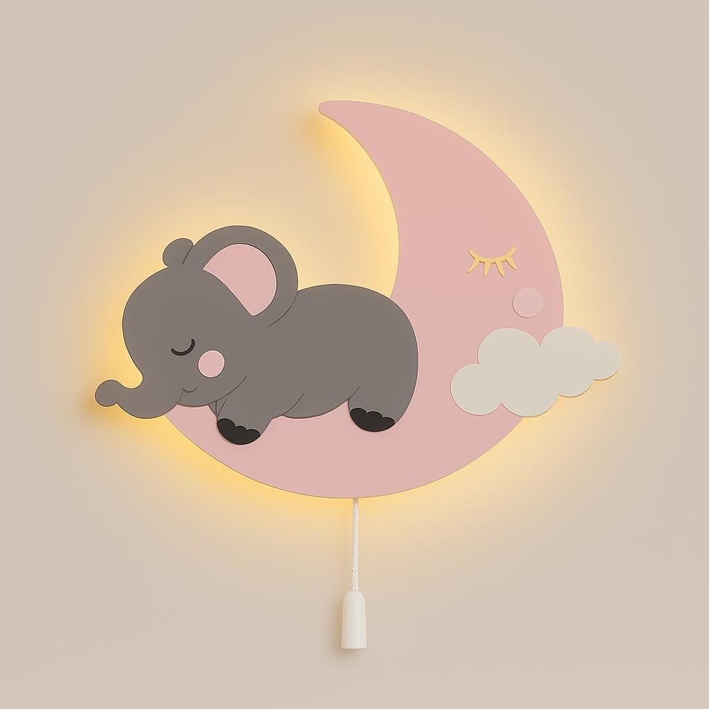 Grey Baby Elephant on Pink Moon Wall Lamp for Kids Room | Nursery Decor