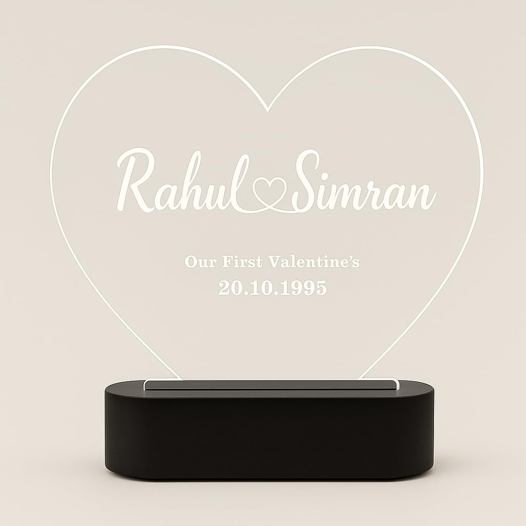 Personalized Heart LED Acrylic Lamp | Custom Name Engraving Gift | Valentine’s, Anniversary, Birthday, Couple Gift | Warm White Glow | Acrylic Night Light with Black LED Base