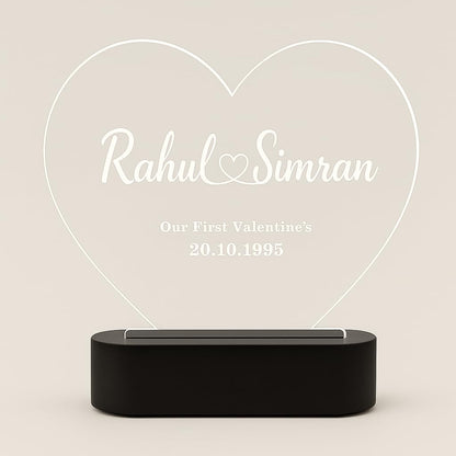 Personalized Heart LED Acrylic Lamp | Custom Name Engraving Gift | Valentine’s, Anniversary, Birthday, Couple Gift | Warm White Glow | Acrylic Night Light with Black LED Base