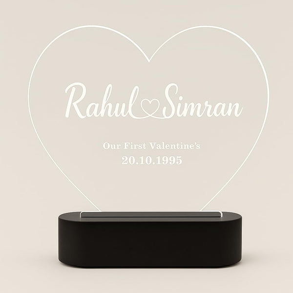 Personalized Heart LED Acrylic Lamp | Custom Name Engraving Gift | Valentine’s, Anniversary, Birthday, Couple Gift | Warm White Glow | Acrylic Night Light with Black LED Base
