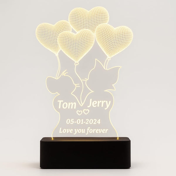Personalized LED Night Lamp, Heart Shape 3D Illusion Table Light with Wooden Base, Customizable Names and Date, Warm White Light for Anniversary, Wedding, Valentine's Day