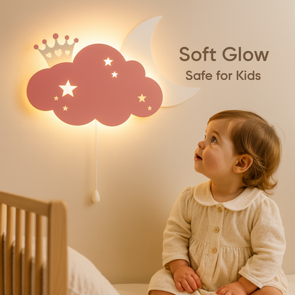 Baby Pink Cloud & Moon Crown Wall Lamp for Kids Room | Nursery Decor