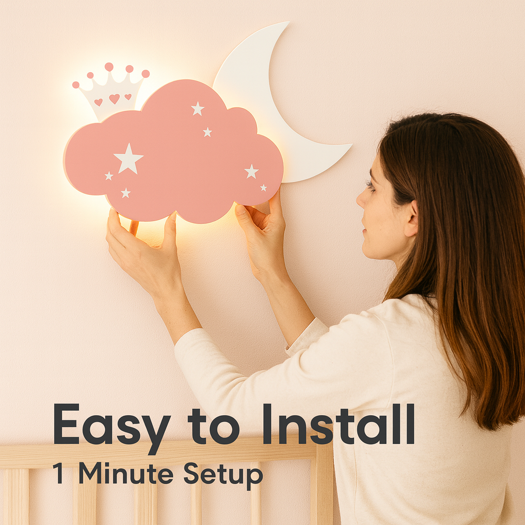 Baby Pink Cloud & Moon Crown Wall Lamp for Kids Room | Nursery Decor