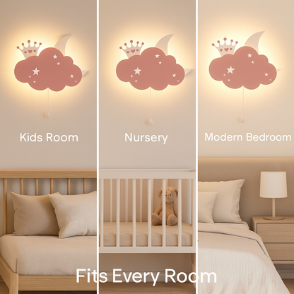 Baby Pink Cloud & Moon Crown Wall Lamp for Kids Room | Nursery Decor