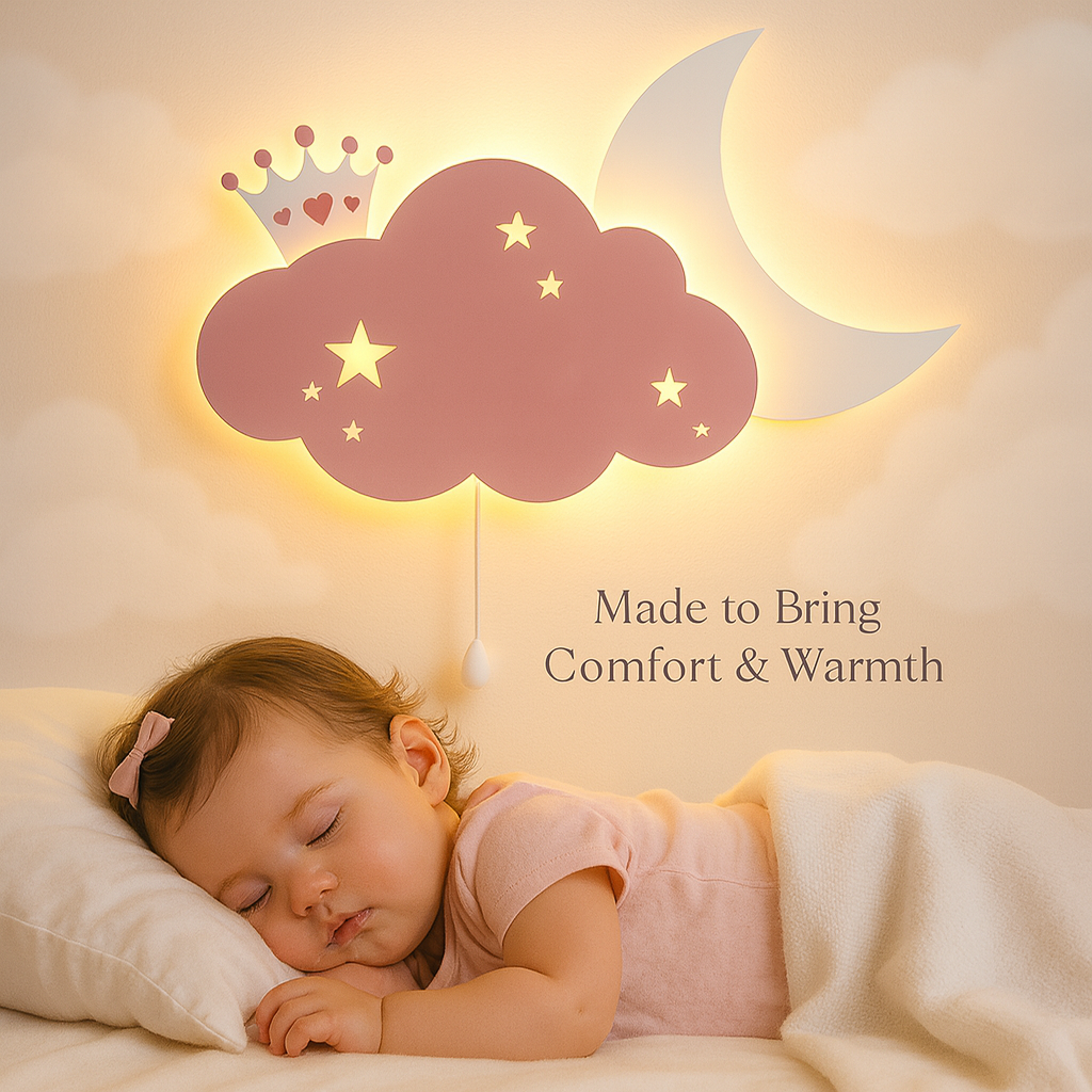 Baby Pink Cloud & Moon Crown Wall Lamp for Kids Room | Nursery Decor