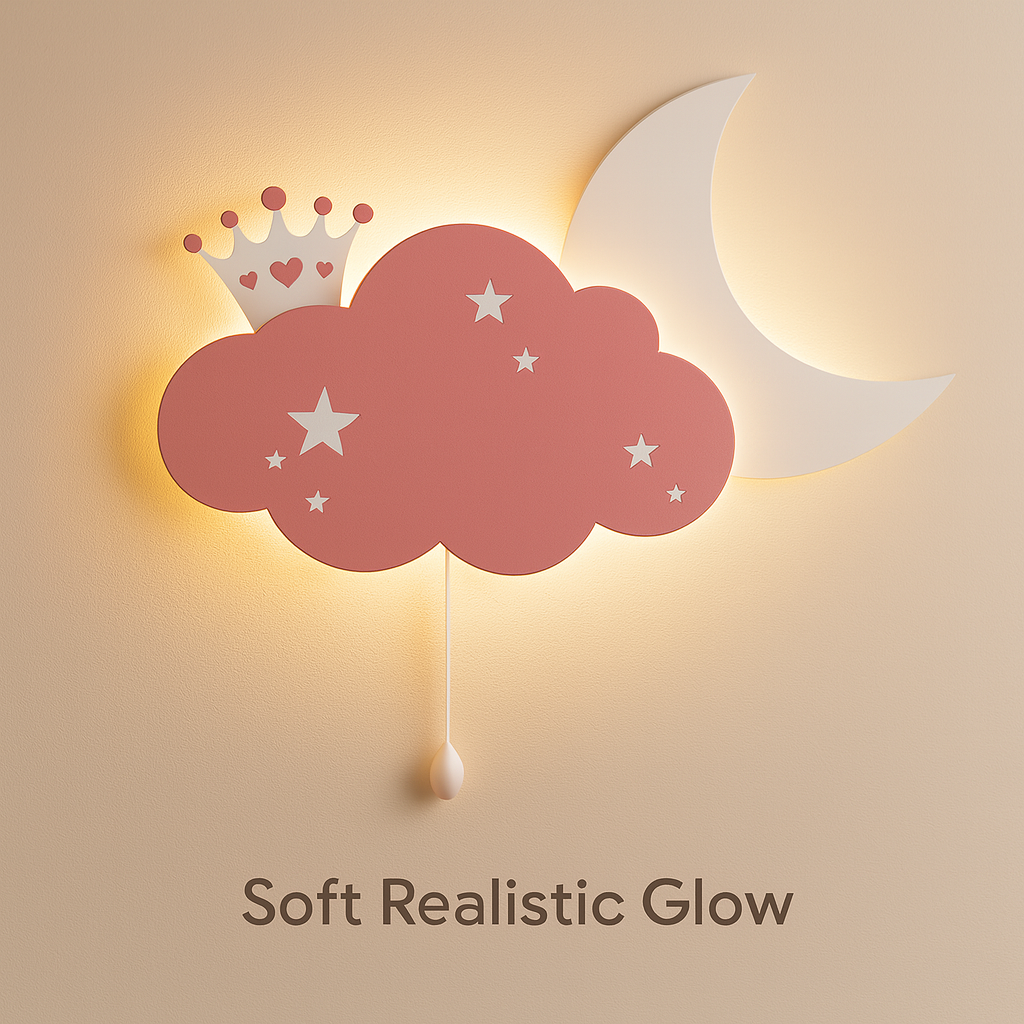 Baby Pink Cloud & Moon Crown Wall Lamp for Kids Room | Nursery Decor