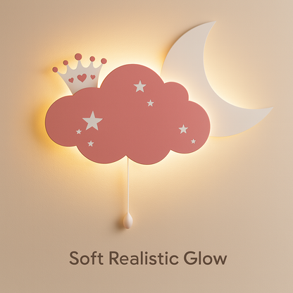 Baby Pink Cloud & Moon Crown Wall Lamp for Kids Room | Nursery Decor
