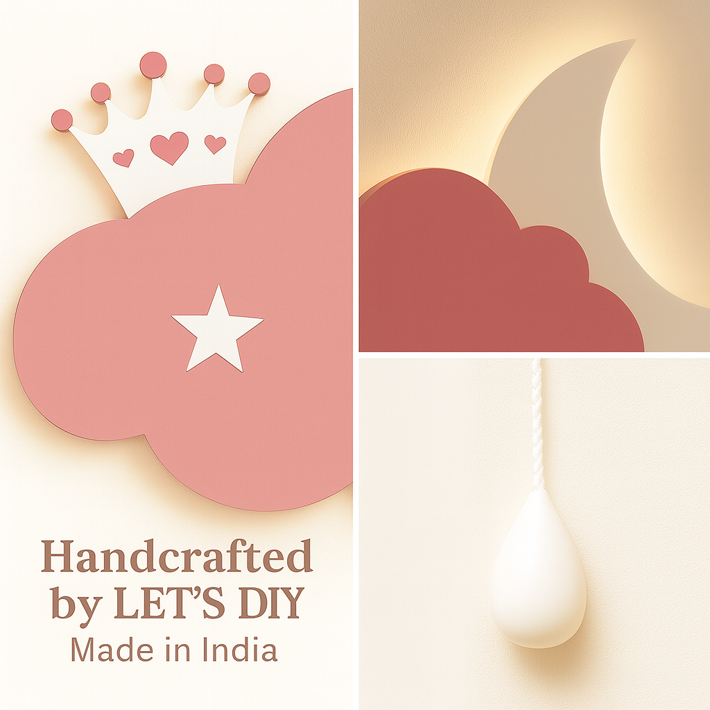 Baby Pink Cloud & Moon Crown Wall Lamp for Kids Room | Nursery Decor
