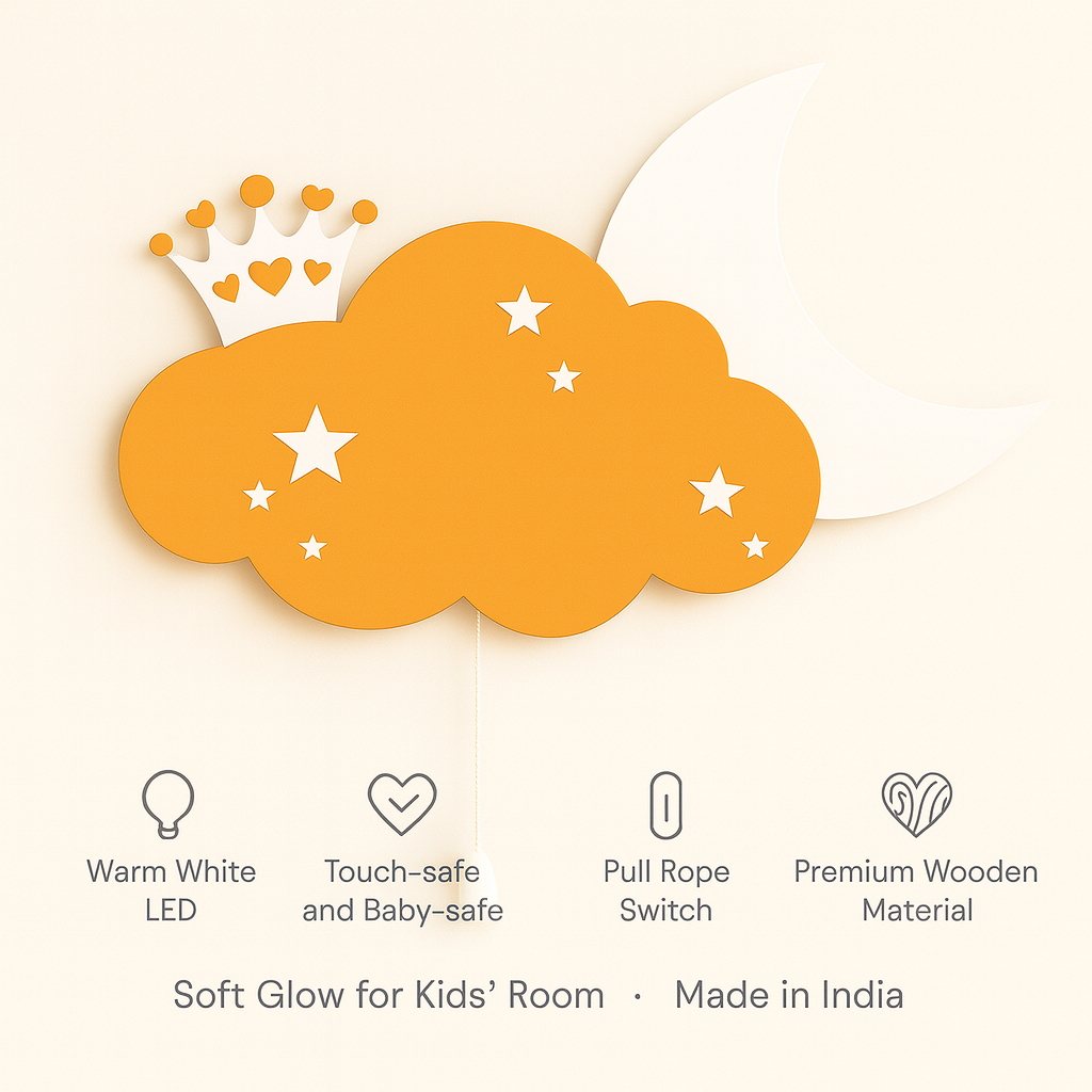 Warm Orange Crown Cloud & Moon Wall Lamp for Kids Room | Nursery Decor
