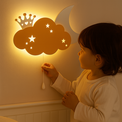 Warm Orange Crown Cloud & Moon Wall Lamp for Kids Room | Nursery Decor