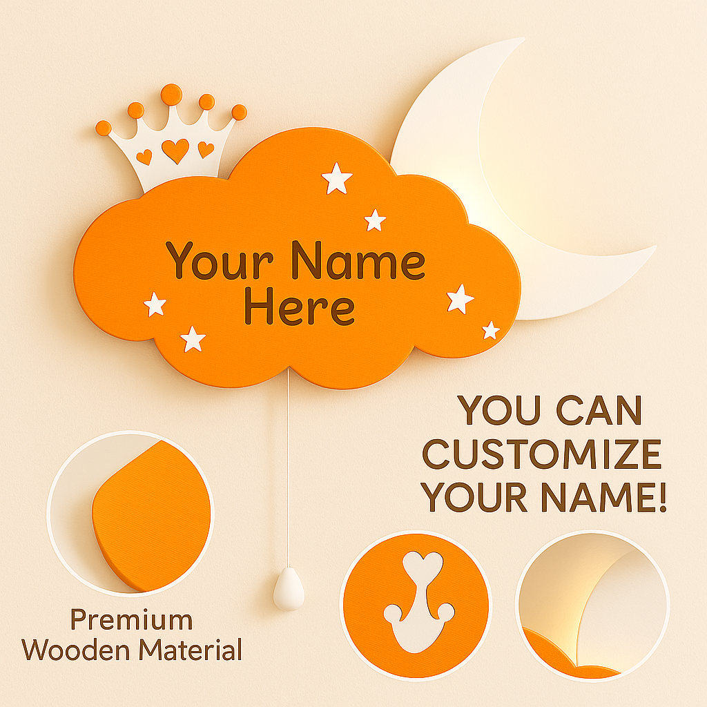 Warm Orange Crown Cloud & Moon Wall Lamp for Kids Room | Nursery Decor