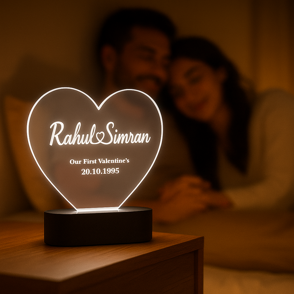 Personalized Heart LED Acrylic Lamp | Custom Name Engraving Gift | Valentine’s, Anniversary, Birthday, Couple Gift | Warm White Glow | Acrylic Night Light with Black LED Base