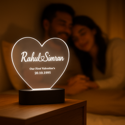Personalized Heart LED Acrylic Lamp | Custom Name Engraving Gift | Valentine’s, Anniversary, Birthday, Couple Gift | Warm White Glow | Acrylic Night Light with Black LED Base