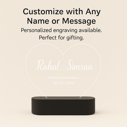 Personalized Heart LED Acrylic Lamp | Custom Name Engraving Gift | Valentine’s, Anniversary, Birthday, Couple Gift | Warm White Glow | Acrylic Night Light with Black LED Base