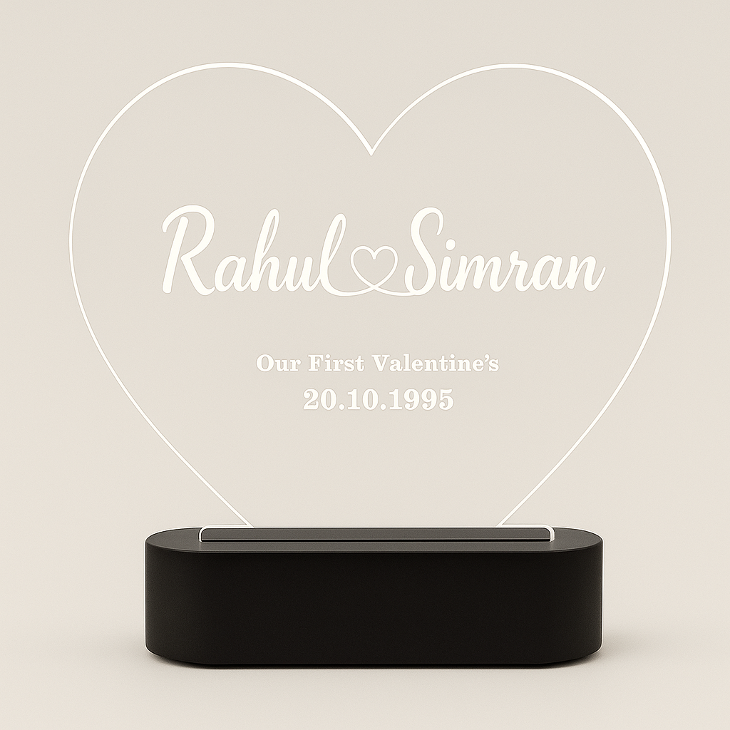 Personalized Heart LED Acrylic Lamp | Custom Name Engraving Gift | Valentine’s, Anniversary, Birthday, Couple Gift | Warm White Glow | Acrylic Night Light with Black LED Base