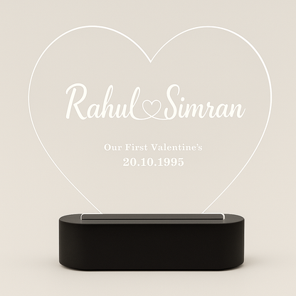 Personalized Heart LED Acrylic Lamp | Custom Name Engraving Gift | Valentine’s, Anniversary, Birthday, Couple Gift | Warm White Glow | Acrylic Night Light with Black LED Base
