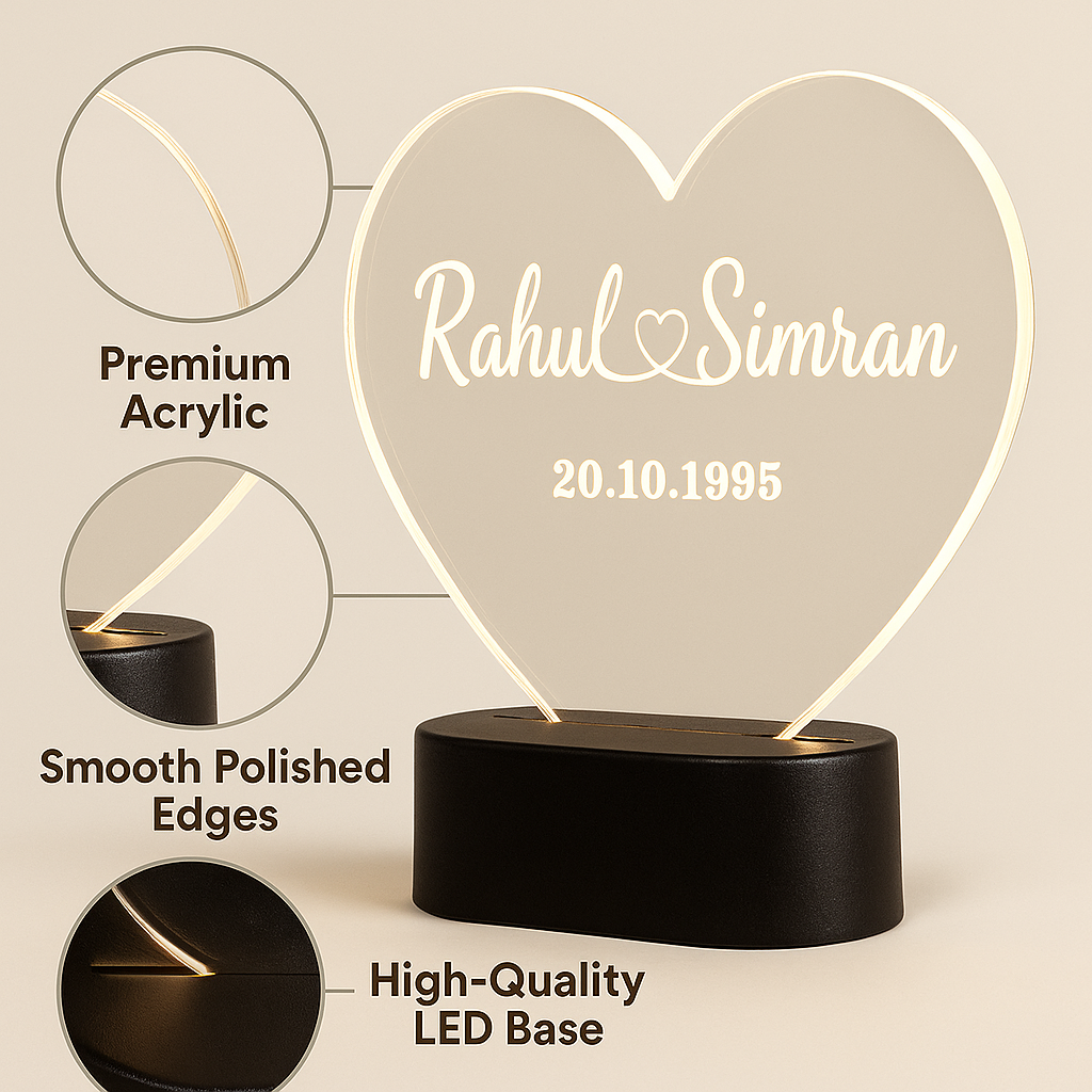 Personalized Heart LED Acrylic Lamp | Custom Name Engraving Gift | Valentine’s, Anniversary, Birthday, Couple Gift | Warm White Glow | Acrylic Night Light with Black LED Base