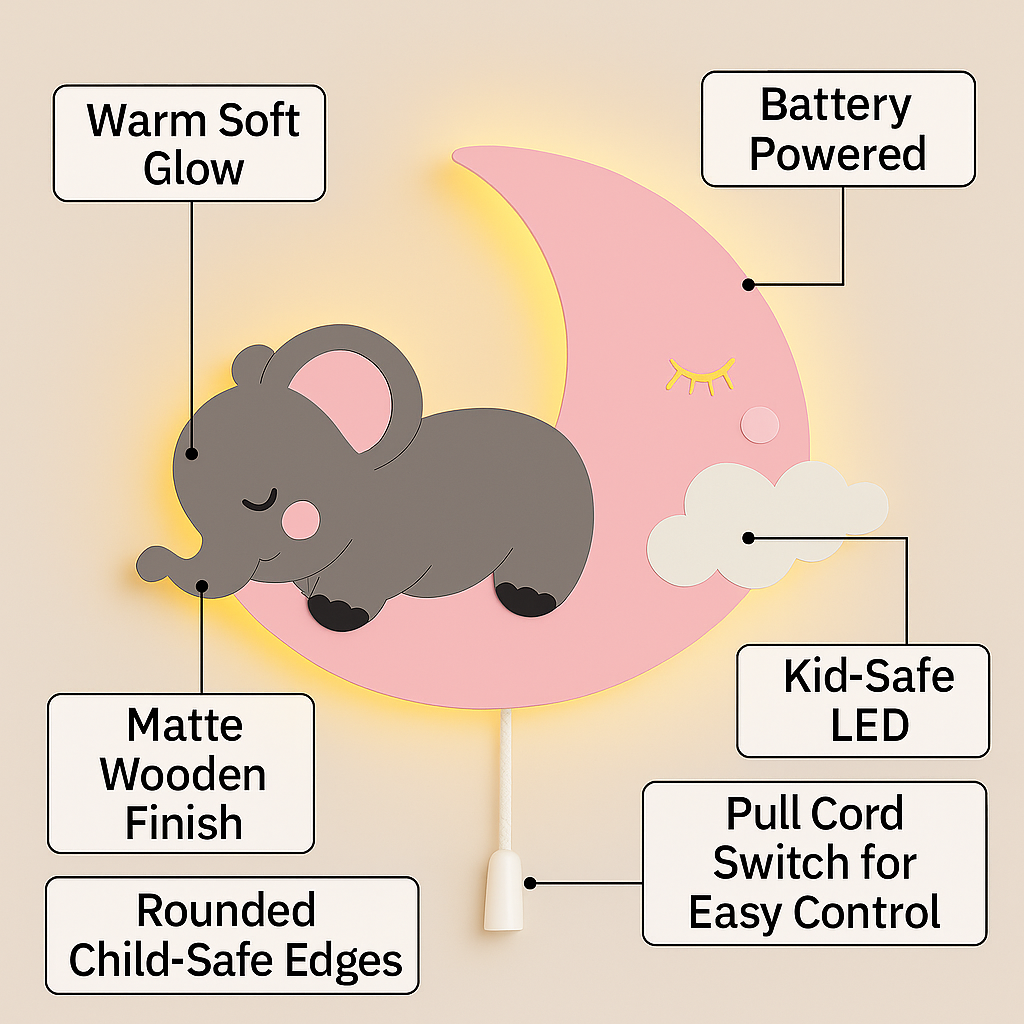 Grey Baby Elephant on Pink Moon Wall Lamp for Kids Room | Nursery Decor