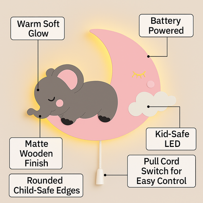 Grey Baby Elephant on Pink Moon Wall Lamp for Kids Room | Nursery Decor
