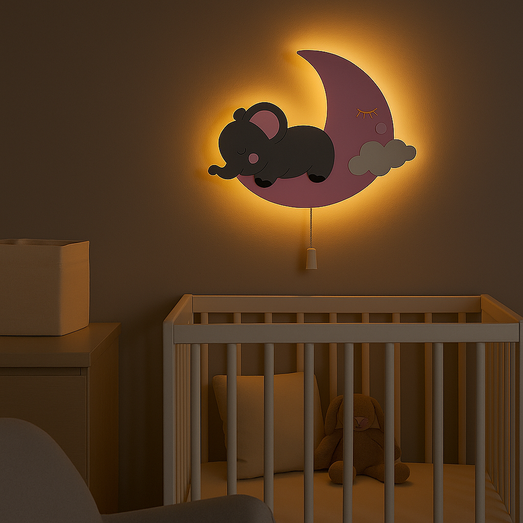 Grey Baby Elephant on Pink Moon Wall Lamp for Kids Room | Nursery Decor