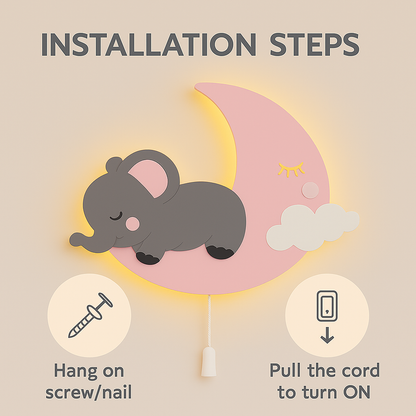 Grey Baby Elephant on Pink Moon Wall Lamp for Kids Room | Nursery Decor