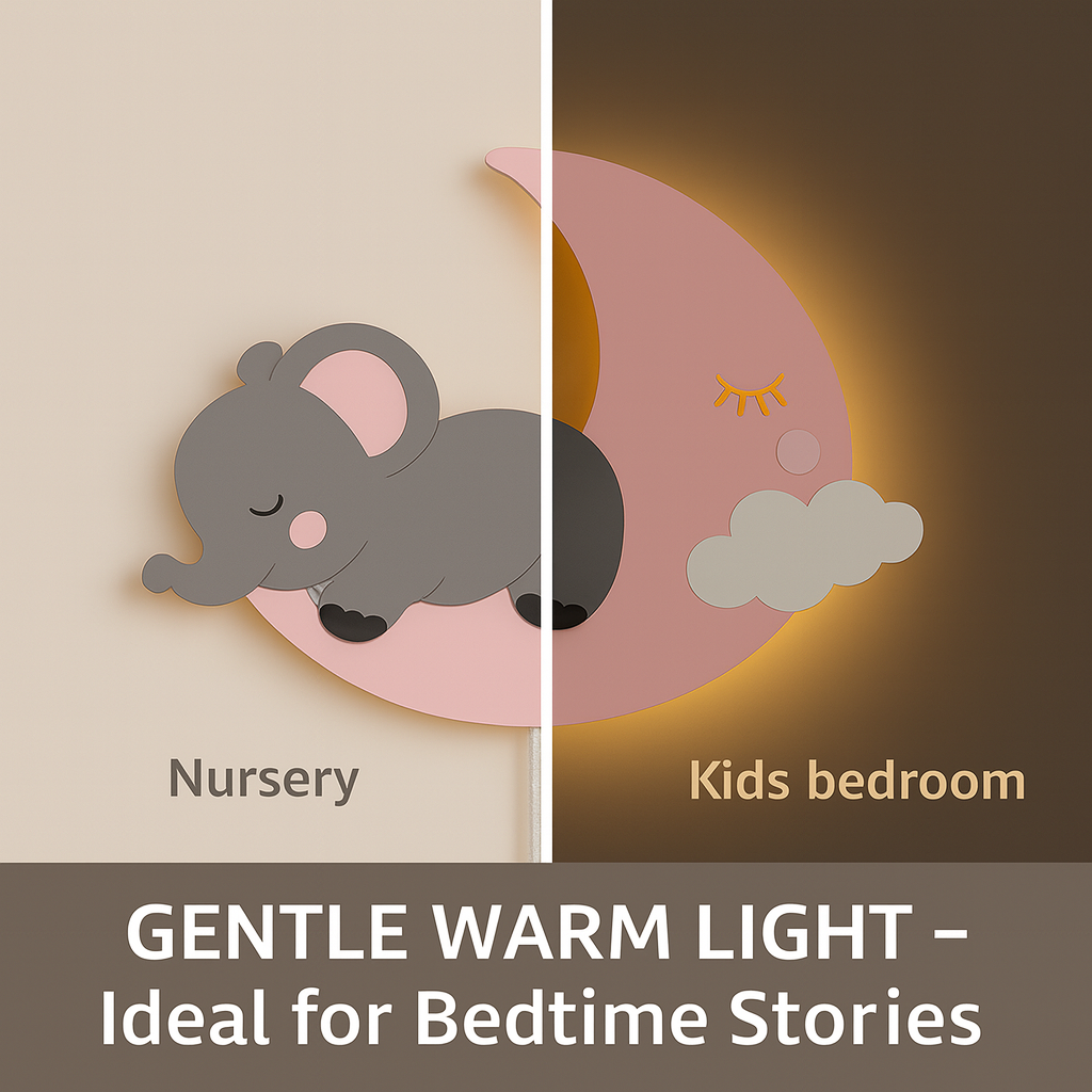 Grey Baby Elephant on Pink Moon Wall Lamp for Kids Room | Nursery Decor