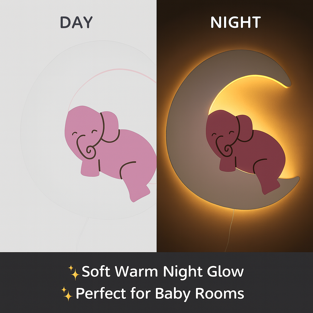 Pink Elephant on Moon Wall Lamp for Kids Room | Nursery Decor