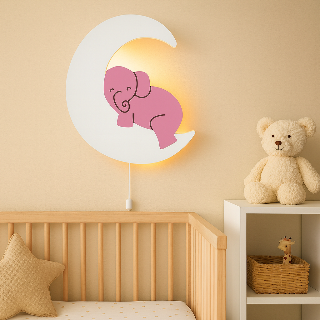 Pink Elephant on Moon Wall Lamp for Kids Room | Nursery Decor
