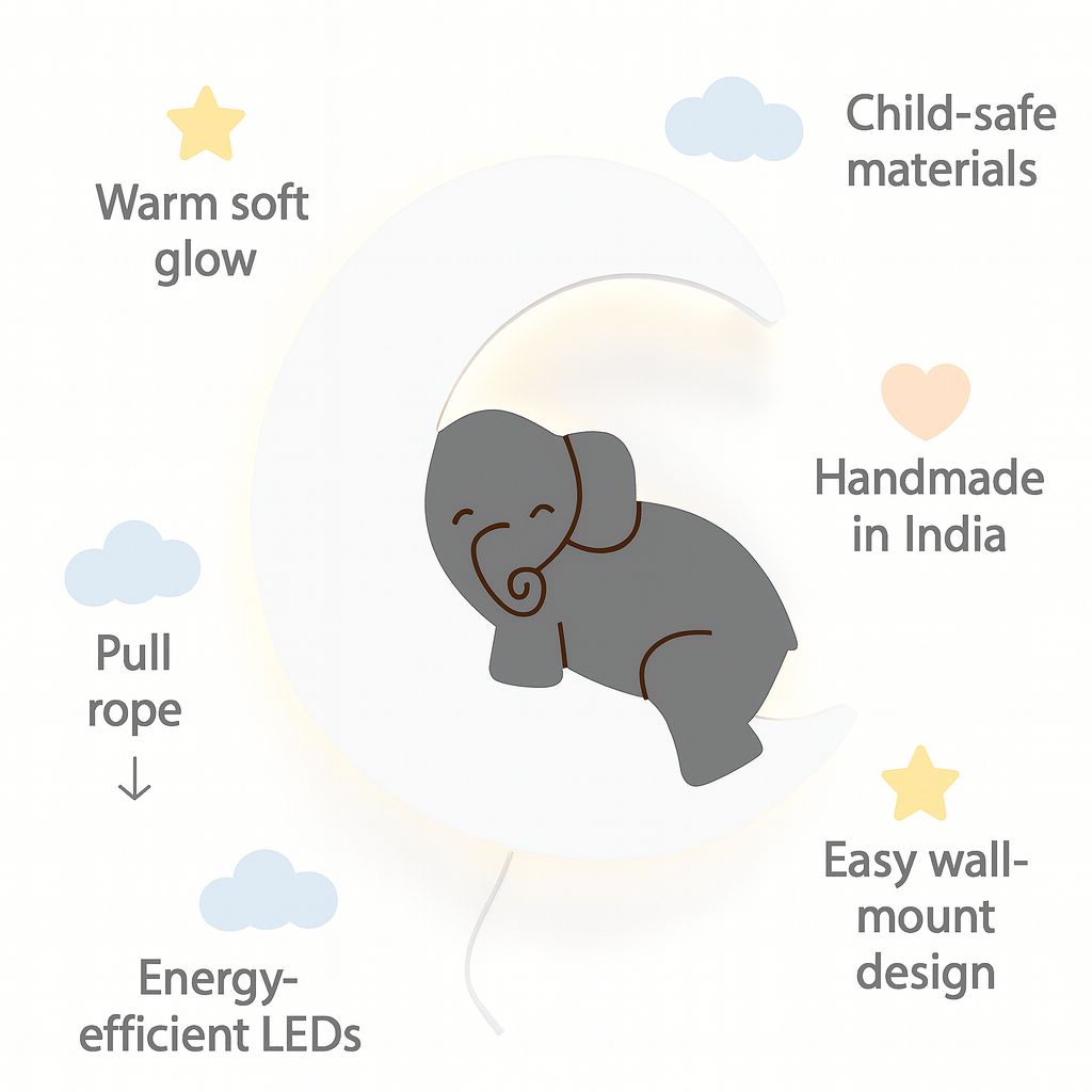 Grey Elephant on Moon Wall Lamp for Kids Room | Nursery Decor
