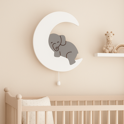 Grey Elephant on Moon Wall Lamp for Kids Room | Nursery Decor