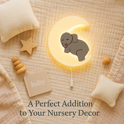 Grey Elephant on Moon Wall Lamp for Kids Room | Nursery Decor