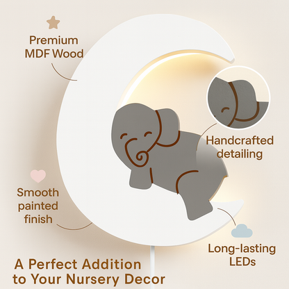 Grey Elephant on Moon Wall Lamp for Kids Room | Nursery Decor