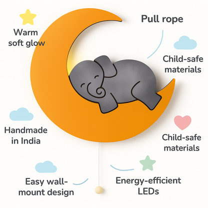 Grey Elephant on Yellow Moon Wall Lamp for Kids Room | Nursery Decor