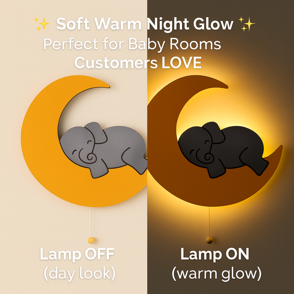 Grey Elephant on Yellow Moon Wall Lamp for Kids Room | Nursery Decor