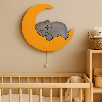 Grey Elephant on Yellow Moon Wall Lamp for Kids Room | Nursery Decor