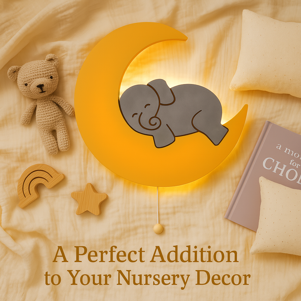 Grey Elephant on Yellow Moon Wall Lamp for Kids Room | Nursery Decor