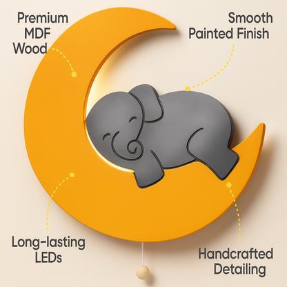 Grey Elephant on Yellow Moon Wall Lamp for Kids Room | Nursery Decor