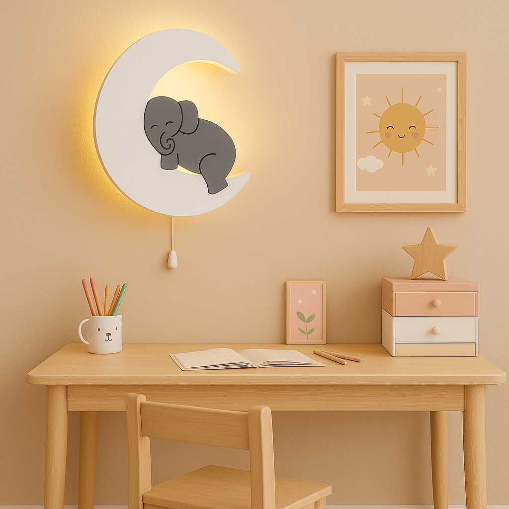 Grey Elephant on Moon Wall Lamp for Kids Room | Nursery Decor