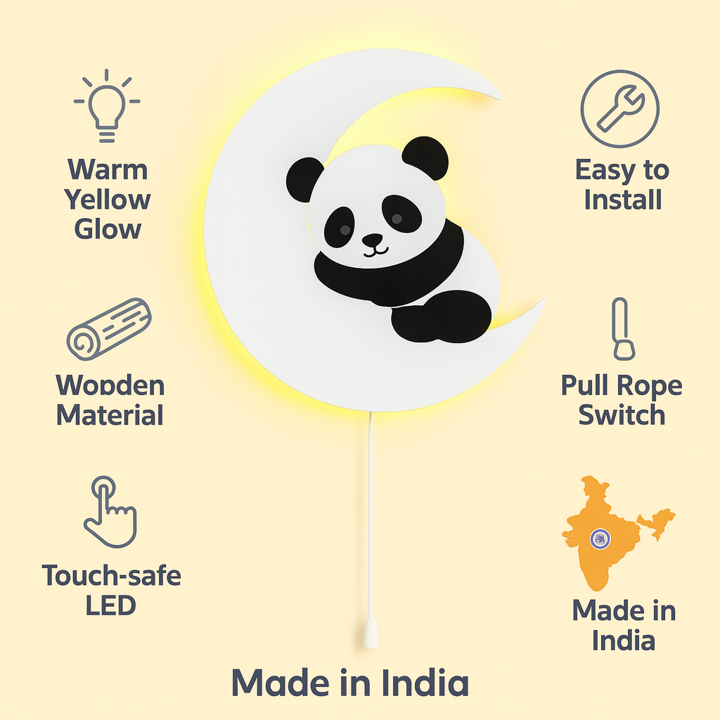 Panda Moon Wall Lamp for Kids Room |  Nursery Room Decor