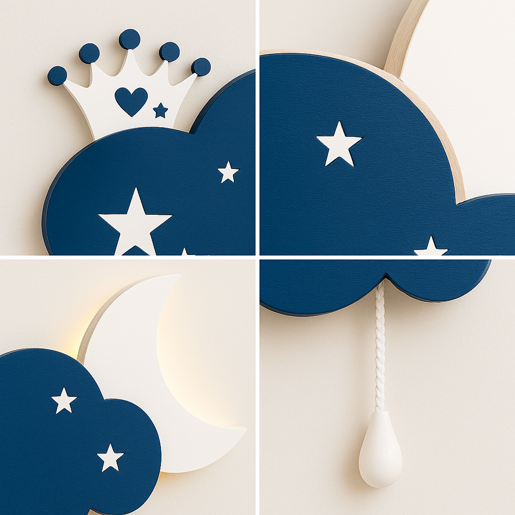 Blue Crown Cloud & Moon Wall Lamp for Kids Room | Nursery Decor