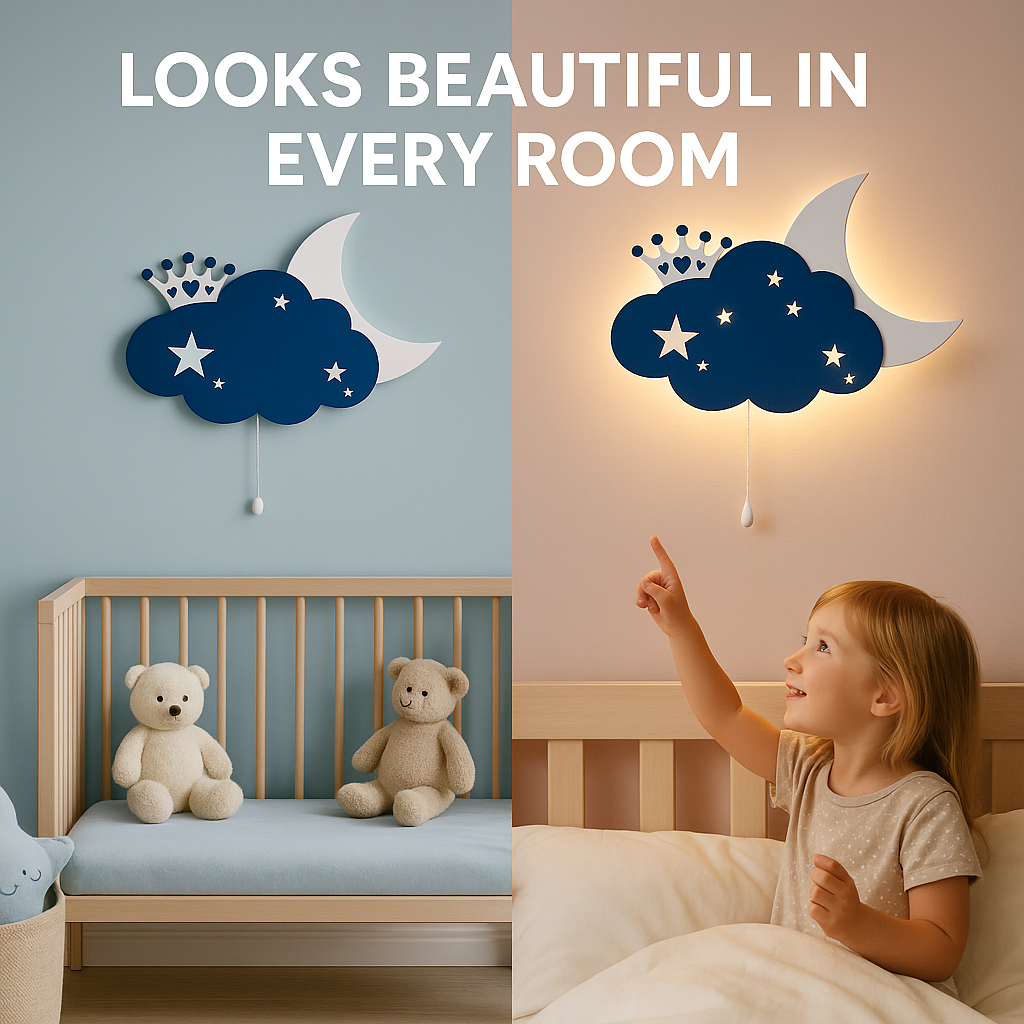 Blue Crown Cloud & Moon Wall Lamp for Kids Room | Nursery Decor