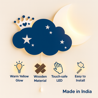 Blue Crown Cloud & Moon Wall Lamp for Kids Room | Nursery Decor