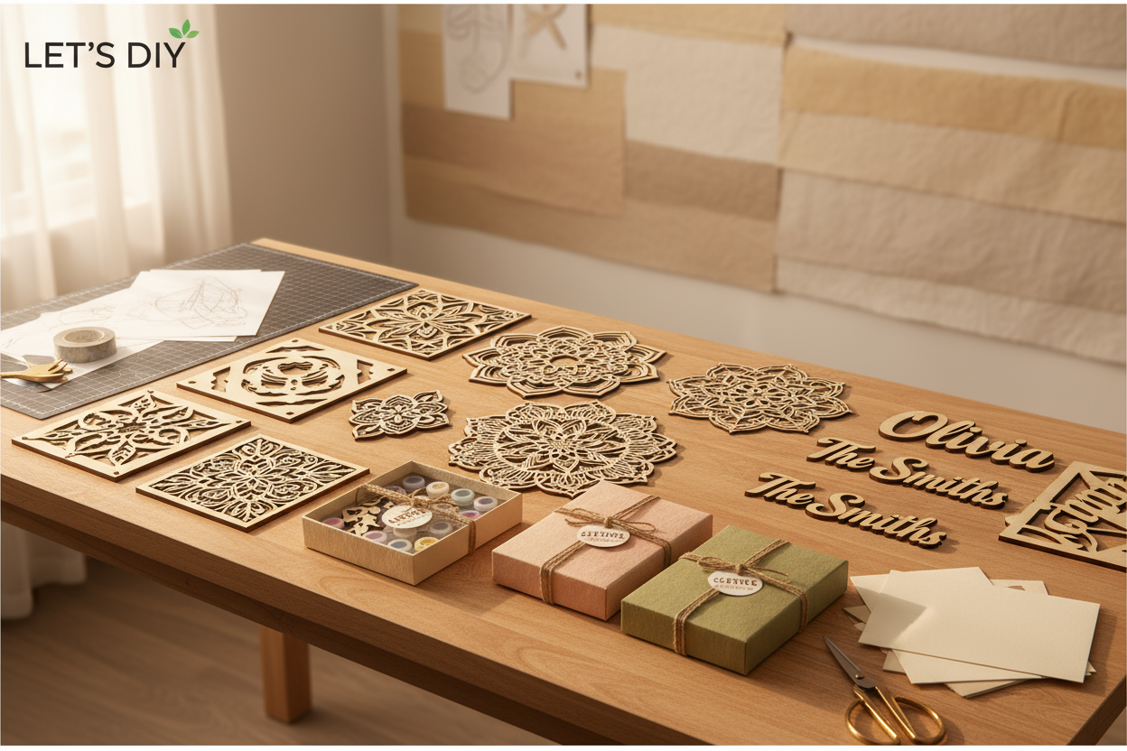 Create a premium and creative homepage hero banner for a Shopify website named LET'S DIY. The banner should showcase the brand’s range of laser-cut MDF cutouts, custom name plates, DIY return gift kits.

Visual theme: Warm, modern, and handcrafted — reflecting creativity and premium craftsmanship.

Background: Soft pastel or light beige tones with subtle textures like wood, paper, or a craft table.